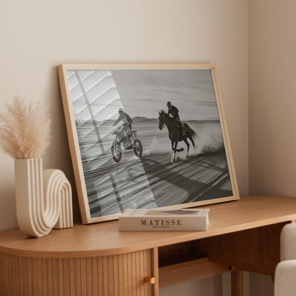 Motorbike vs Horse Desert Race Photograph Print,gallery ,timber border