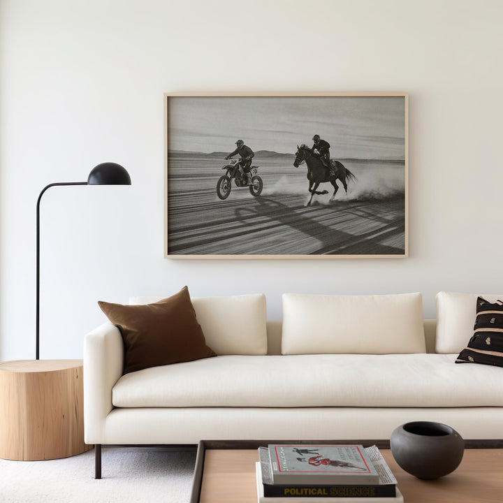 Motorbike vs Horse Desert Race Photograph Print,livingroom,timber border