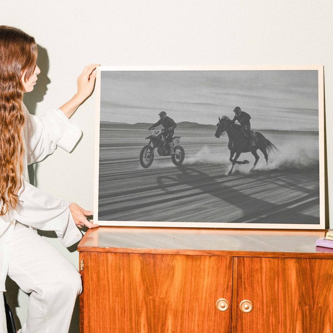 Motorbike vs Horse Desert Race Photograph Print,gallery ,timber border