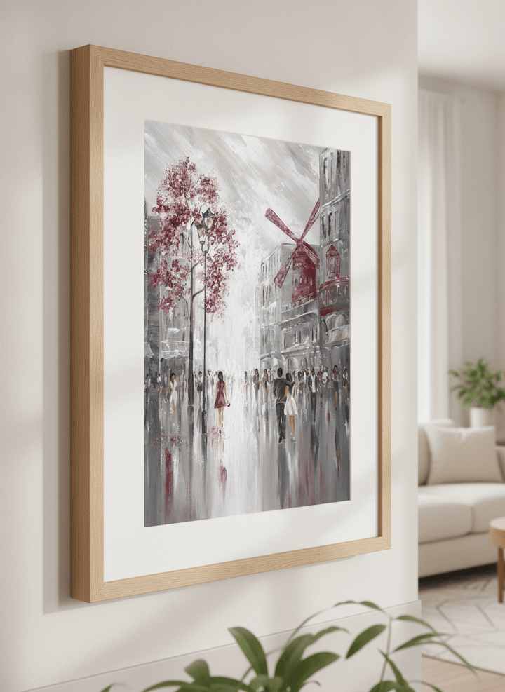 Modern wall art styled above a sofa in a neutral living room