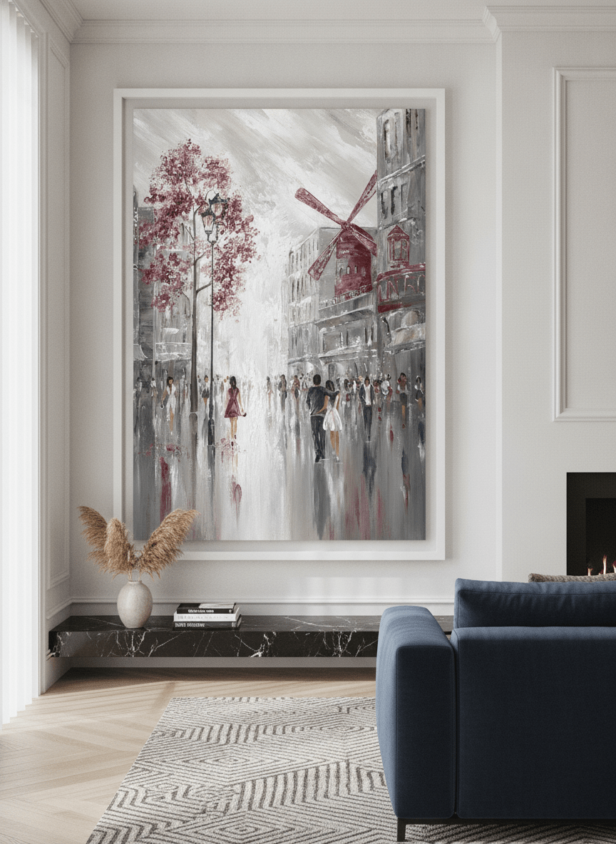 Monumental artwork centred on a feature wall in a luxe interior