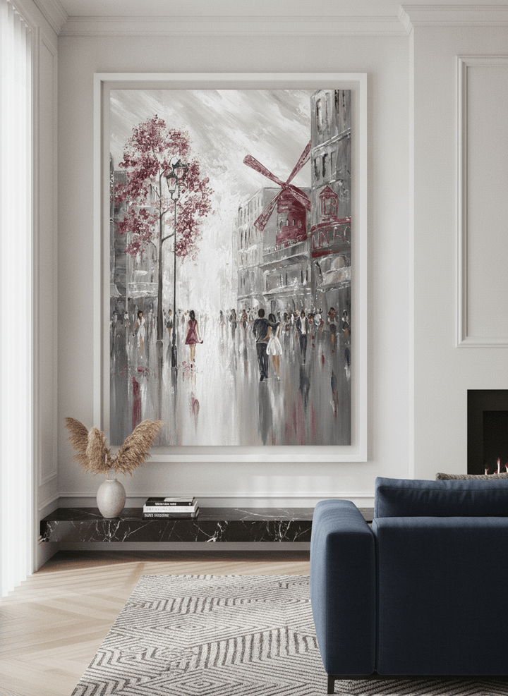 Monumental artwork centred on a feature wall in a luxe interior