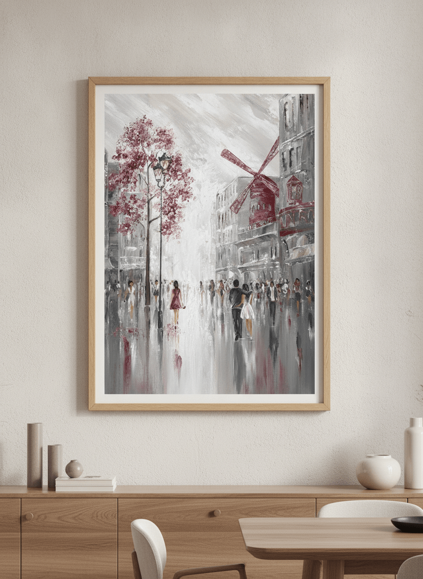 Wall art styled above a dining table in a contemporary home
