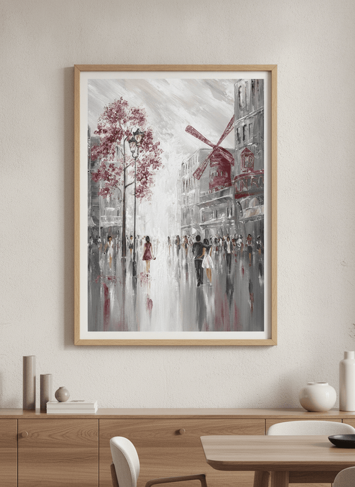 Wall art styled above a dining table in a contemporary home