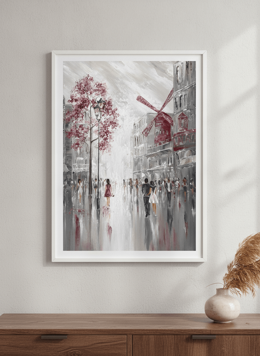Modern wall art styled above a sofa in a neutral living room