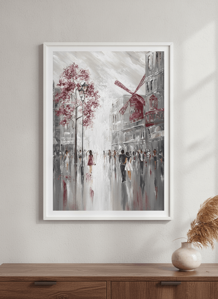 Modern wall art styled above a sofa in a neutral living room