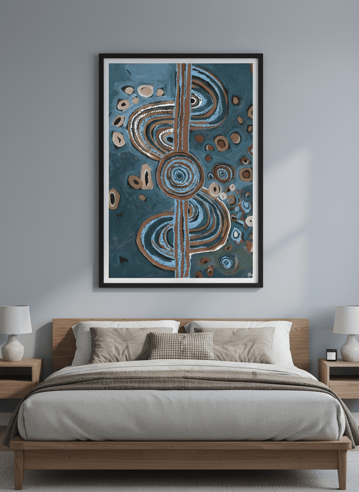 Minimalist artwork displayed in a calm, light-filled bedroom interior