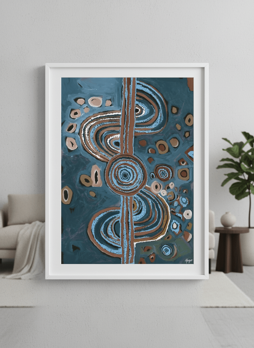 Modern wall art styled above a sofa in a neutral living room
