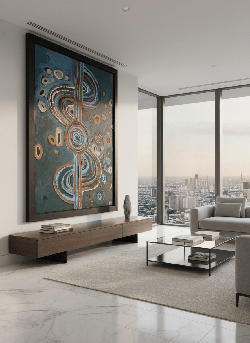 Monumental artwork centred on a feature wall in a luxe interior