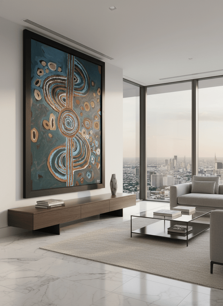 Monumental artwork centred on a feature wall in a luxe interior