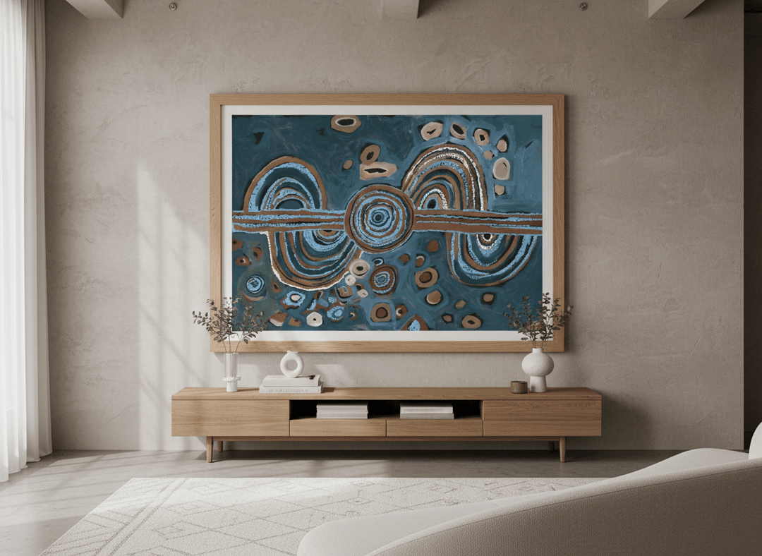 Monumental artwork centred on a feature wall in a luxe interior