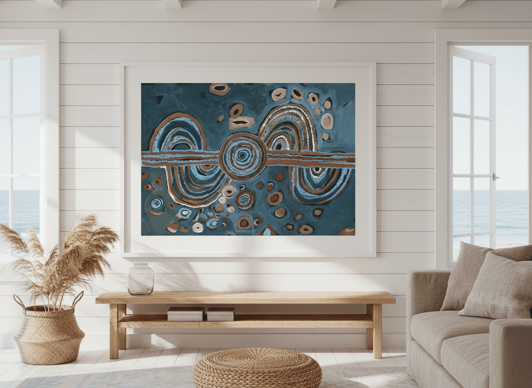 Neutral wall art displayed in a sunny coastal beach house