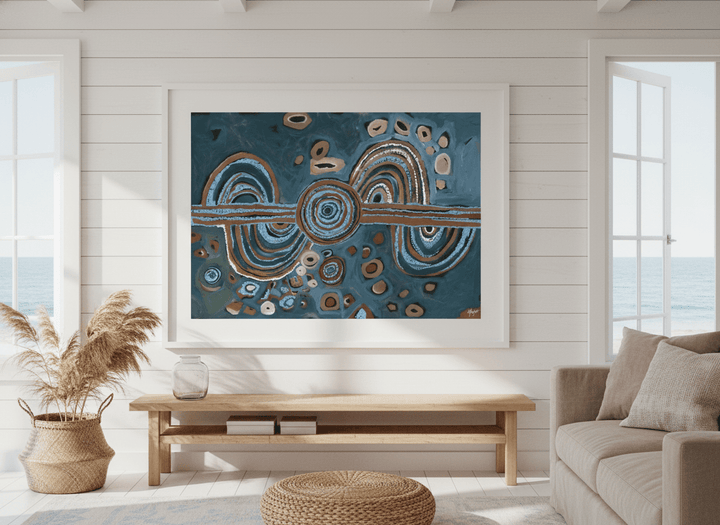 Neutral wall art displayed in a sunny coastal beach house