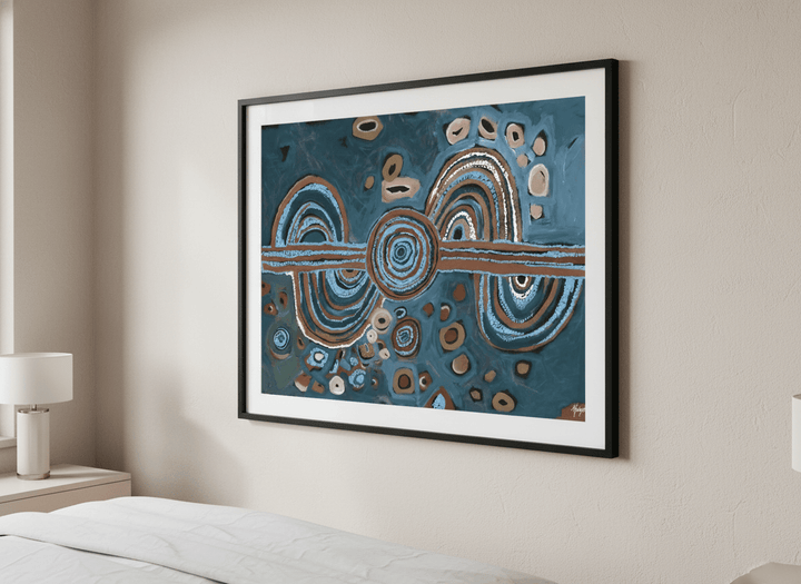 Minimalist artwork displayed in a calm, light-filled bedroom interior