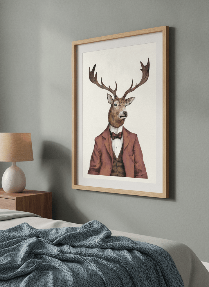Minimalist artwork displayed in a calm, light-filled bedroom interior
