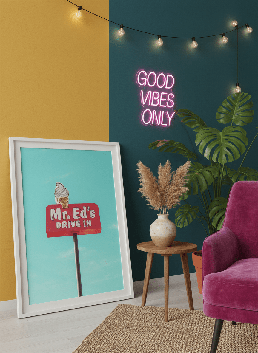 Bold wall art styled in a colourful, eclectic modern home