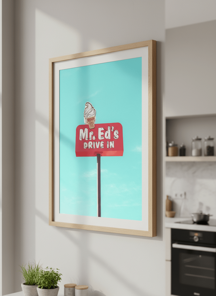 Artwork styled on the wall of a bright modern kitchen