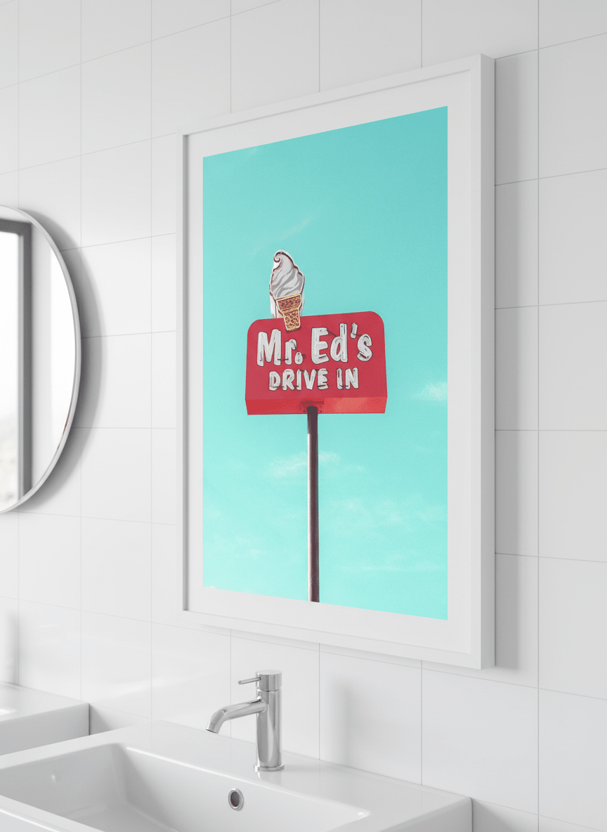 Modern print displayed in a clean minimalist bathroom setting