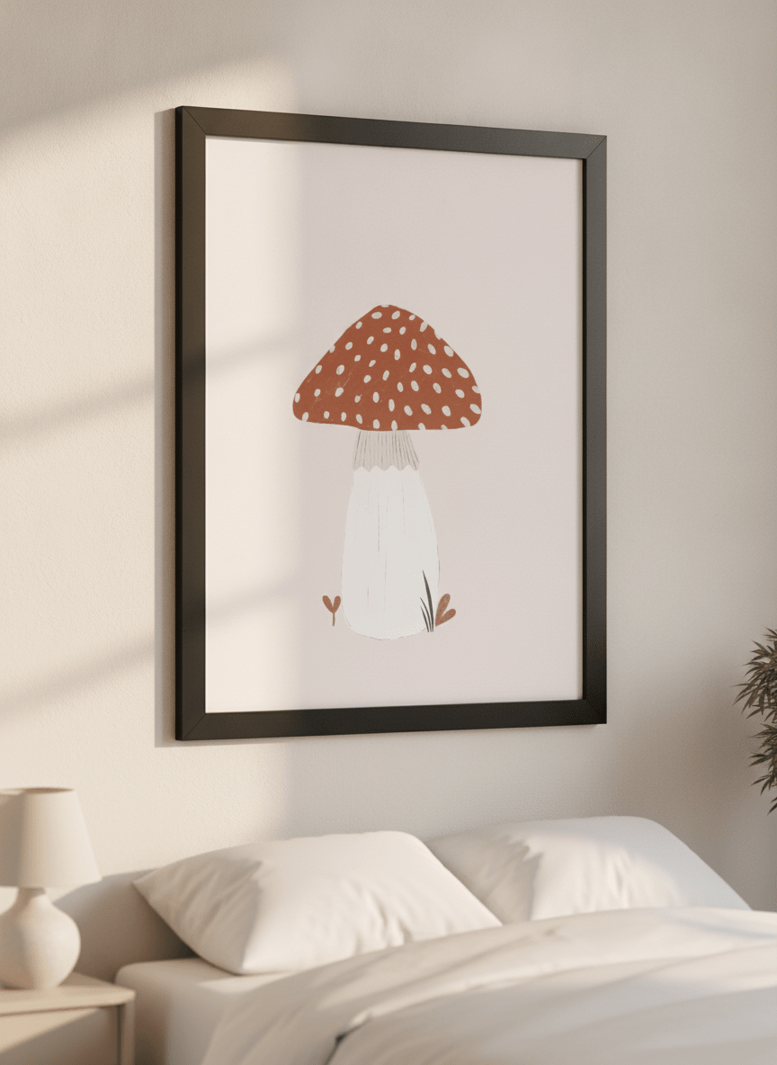 Minimalist artwork displayed in a calm, light-filled bedroom interior