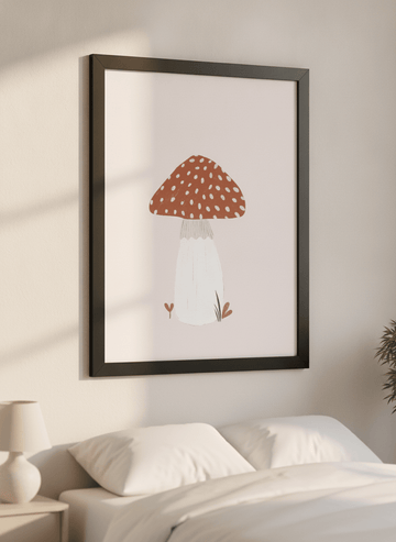 Minimalist artwork displayed in a calm, light-filled bedroom interior