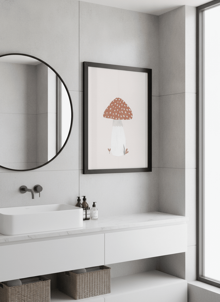 Modern print displayed in a clean minimalist bathroom setting