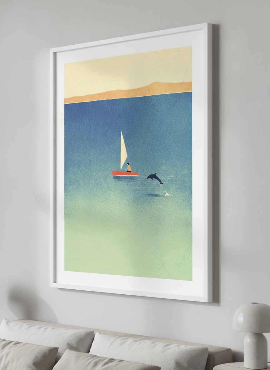 Minimalist artwork displayed in a calm, light-filled bedroom interior