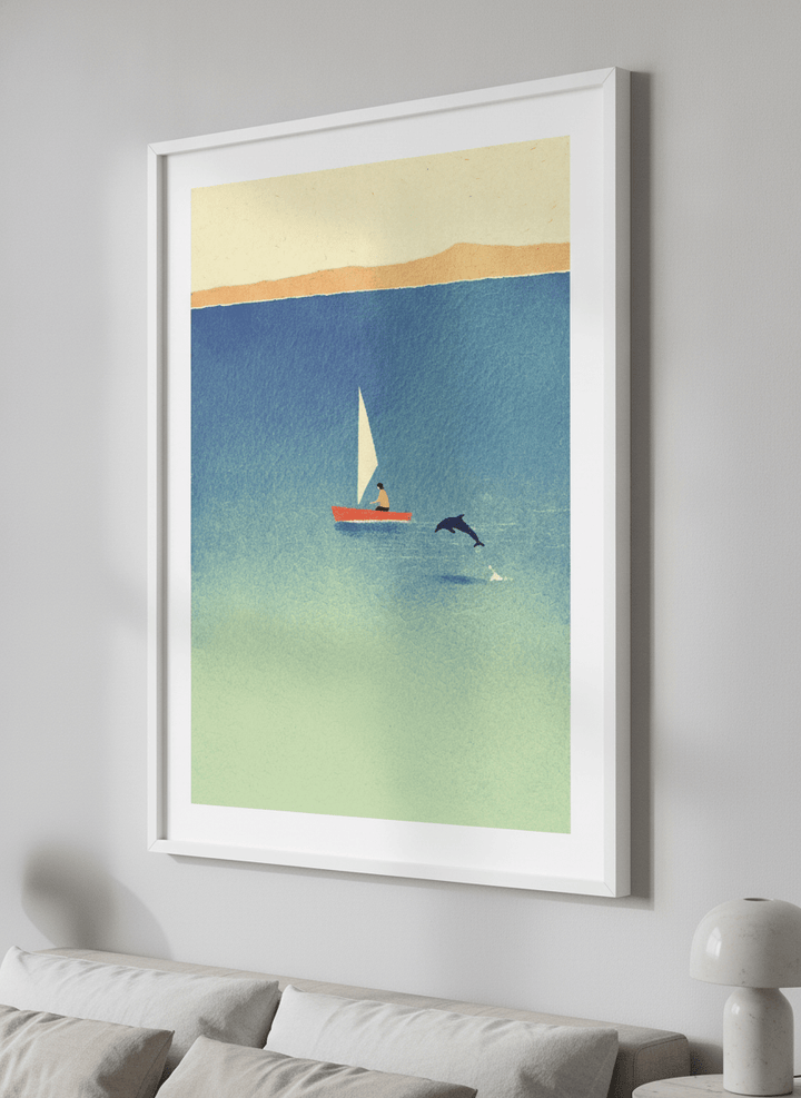 Minimalist artwork displayed in a calm, light-filled bedroom interior