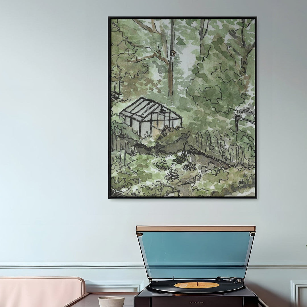 Wooden side table with record player, plant, and artwork on a light blue wall.