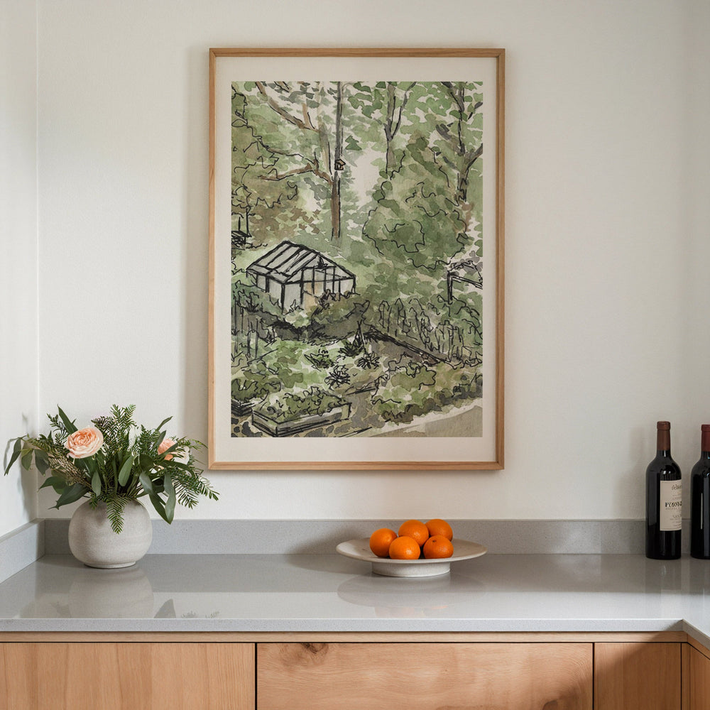 Artwork on a wall above a countertop with a vase, fruit bowl, and wine bottles.