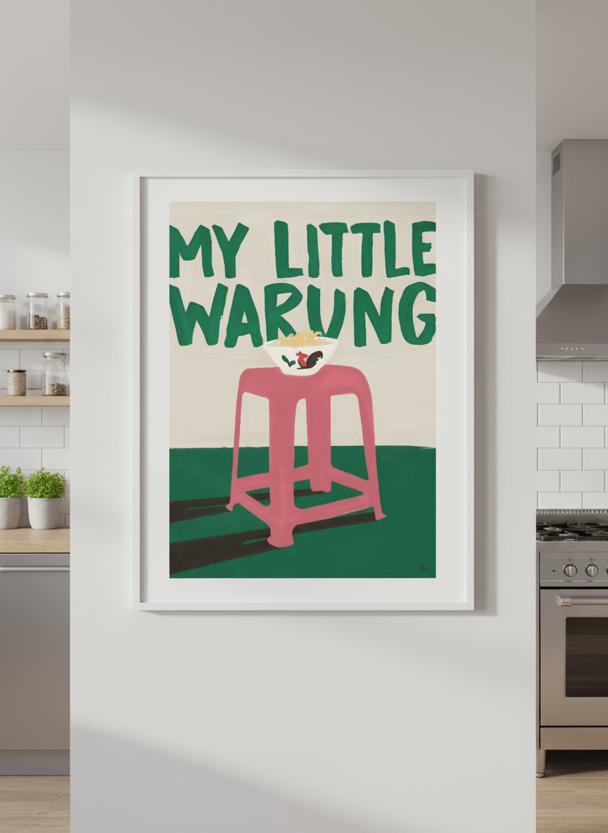 Artwork styled on the wall of a bright modern kitchen
