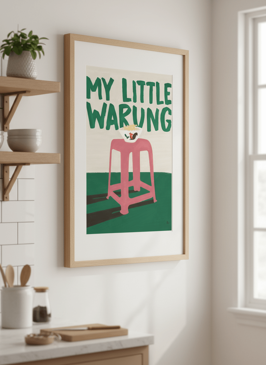 Artwork styled on the wall of a bright modern kitchen