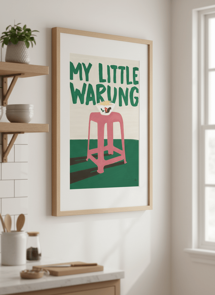 Artwork styled on the wall of a bright modern kitchen