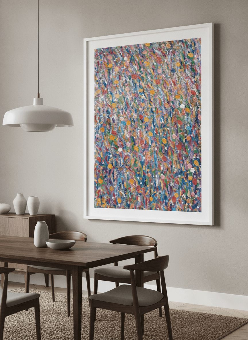 Wall art styled above a dining table in a contemporary home