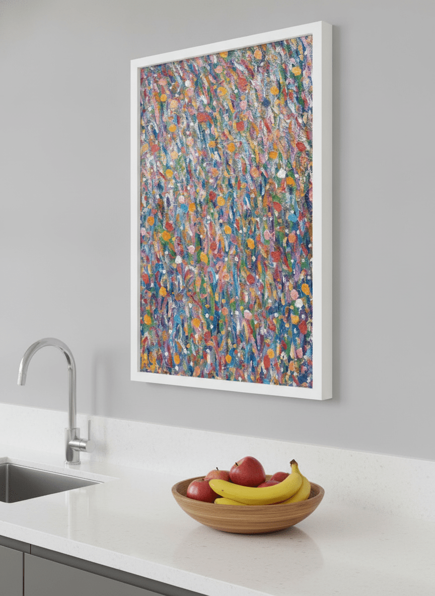 Artwork styled on the wall of a bright modern kitchen