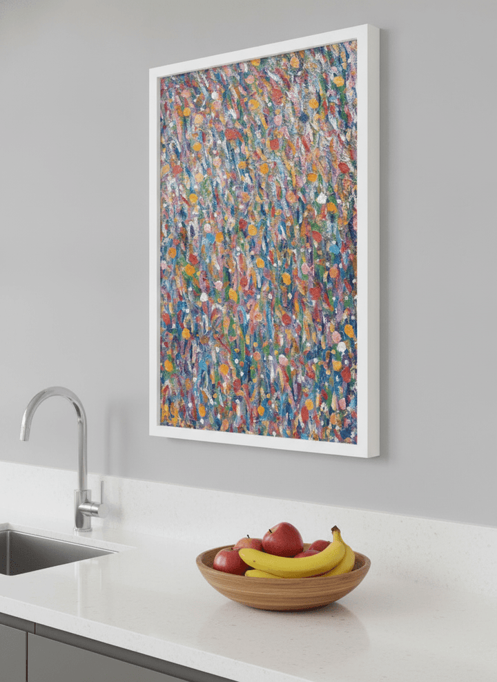 Artwork styled on the wall of a bright modern kitchen
