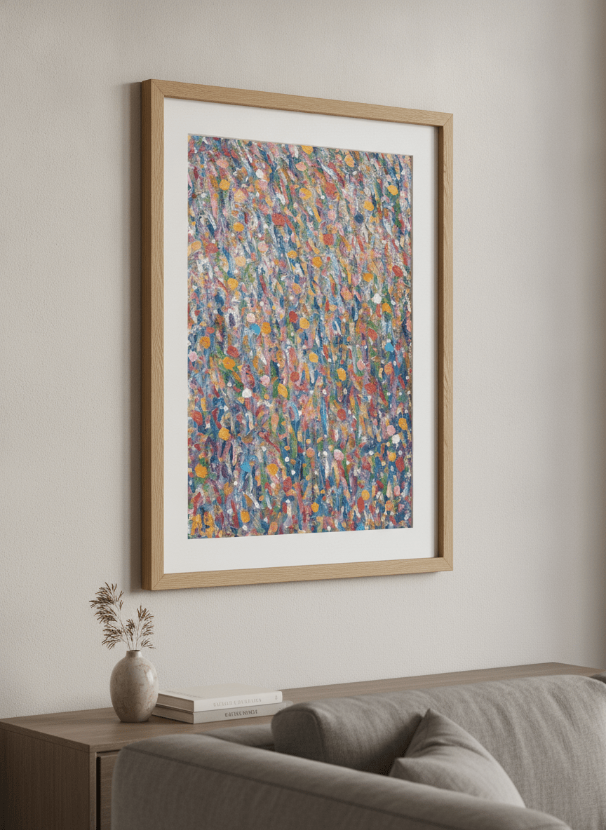 Modern wall art styled above a sofa in a neutral living room