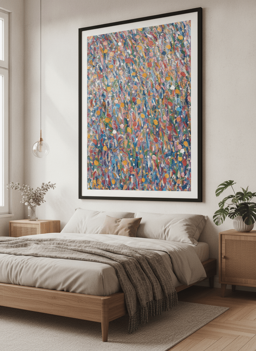 Minimalist artwork displayed in a calm, light-filled bedroom interior