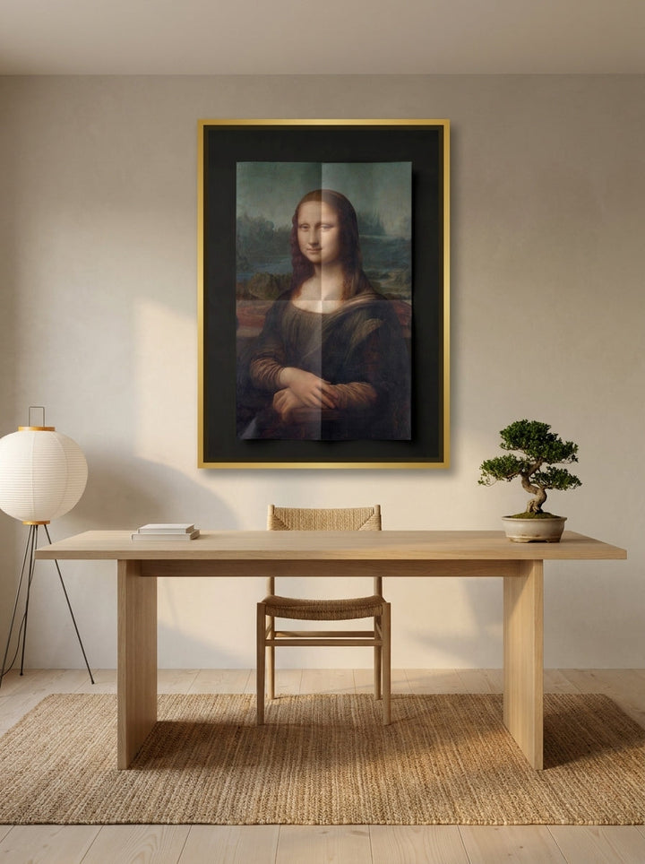Canvas wall art with a gold leaf surround styled on the wall in a warm Japandi home office