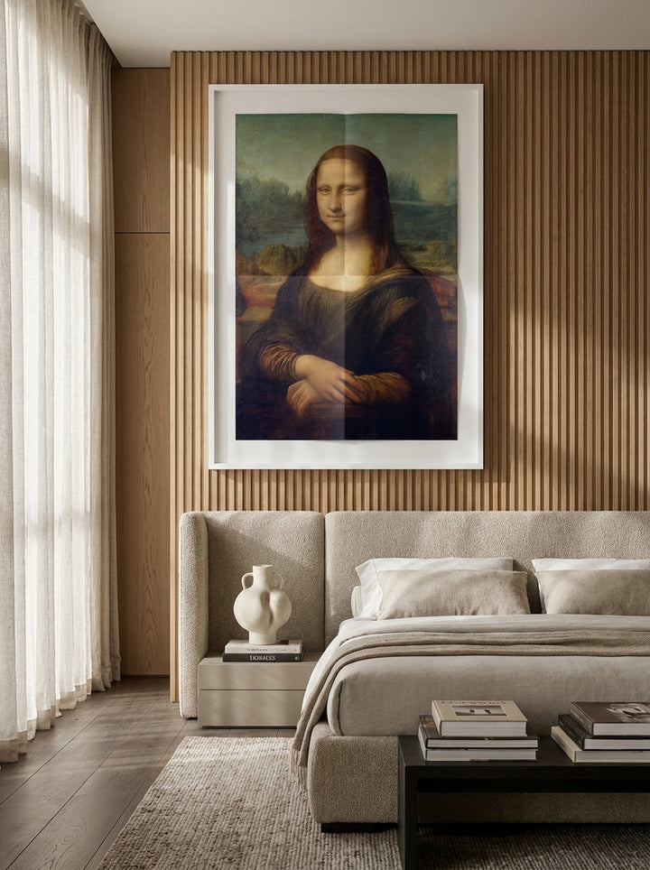 Oversized statement modern wall art print styled on the wall in a luxe bedroom