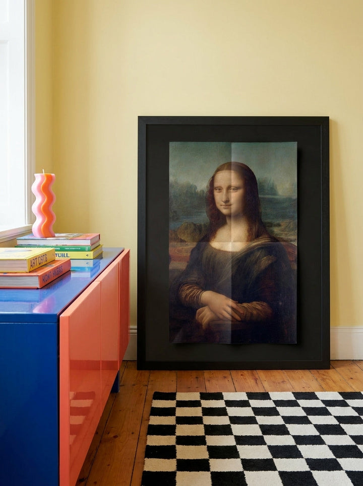 Modern wall art print standing on a sideboard in a colourful eclectic home office