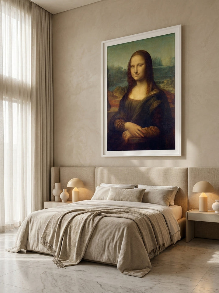 Oversized statement modern wall art print styled on the wall in a luxe bedroom
