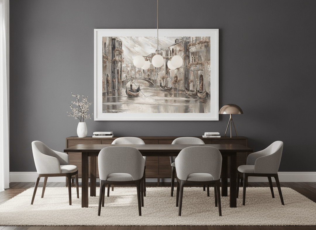 Monumental artwork centred on a feature wall in a luxe interior
