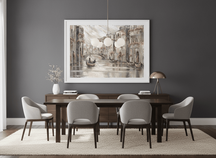Monumental artwork centred on a feature wall in a luxe interior