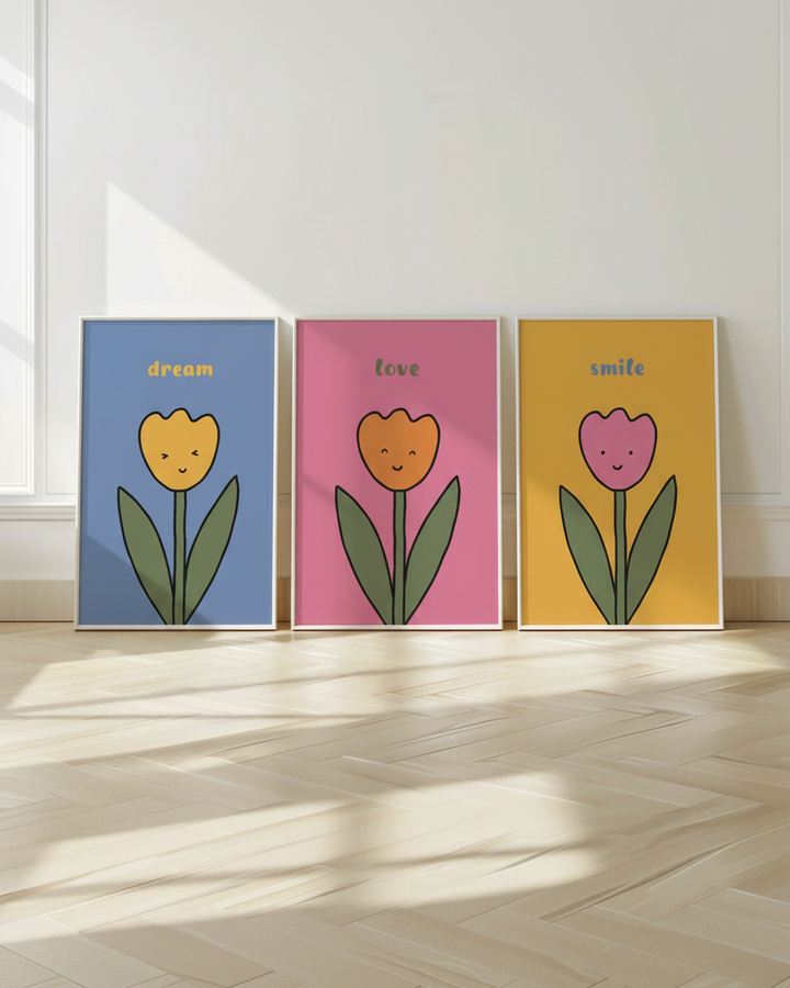 3 Flower Smiling Nursery Prints Trio by Lucia Sankovic