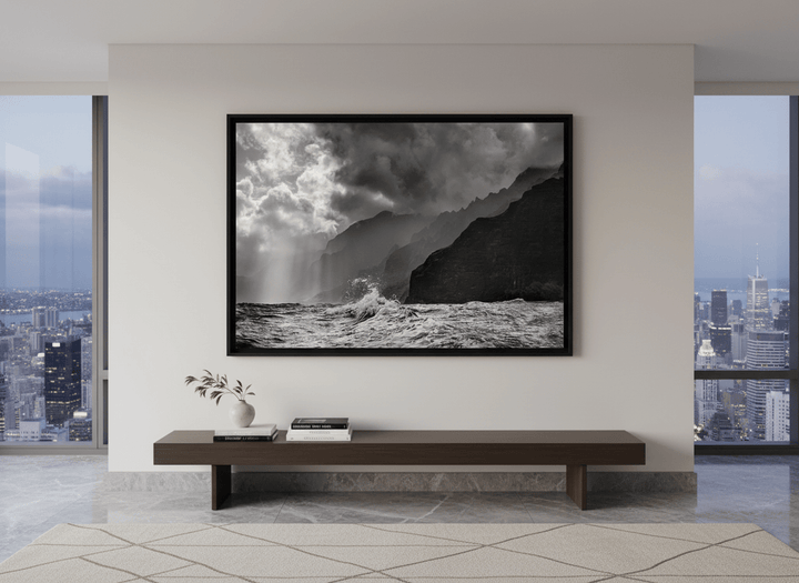 Monumental artwork centred on a feature wall in a luxe interior