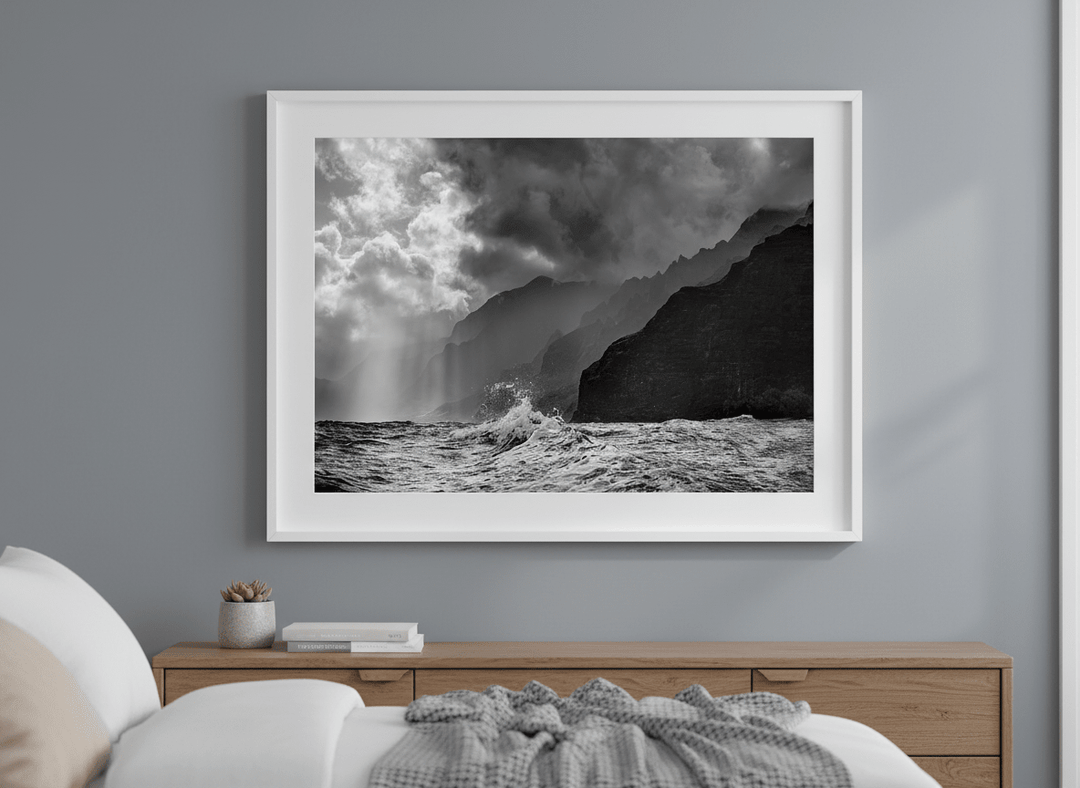 Minimalist artwork displayed in a calm, light-filled bedroom interior