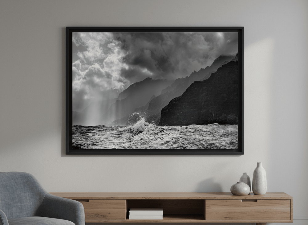 Modern wall art styled above a sofa in a neutral living room