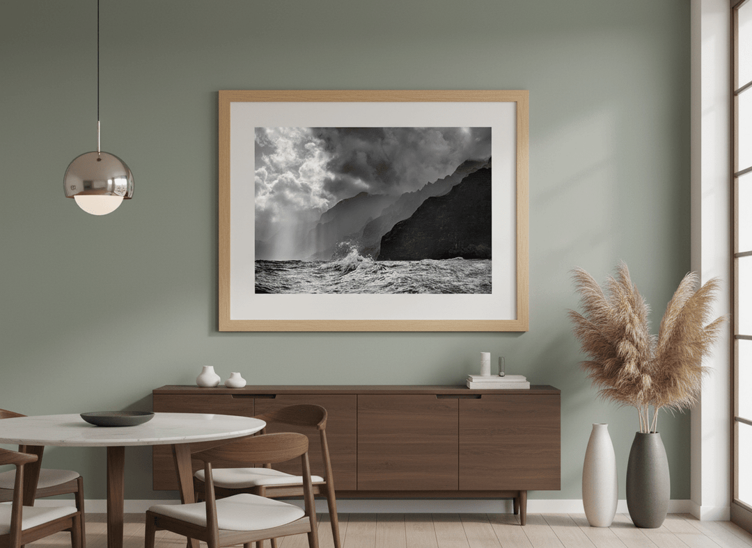 Wall art styled above a dining table in a contemporary home