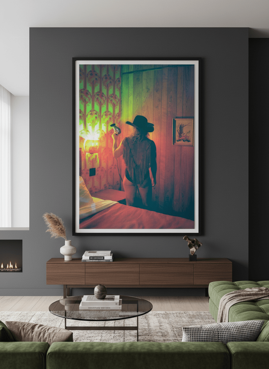 Monumental artwork centred on a feature wall in a luxe interior