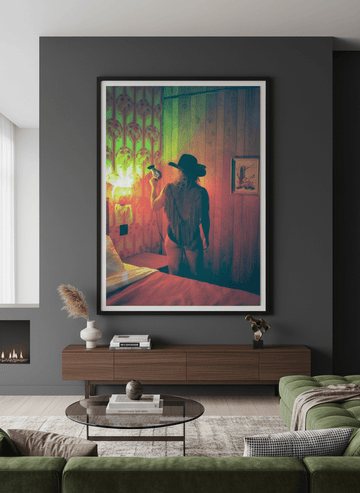 Monumental artwork centred on a feature wall in a luxe interior